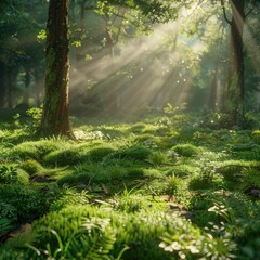 Fototapeta premium A peaceful forest with a soft bed of moss covering the ground and rays of sunlight shining through the trees. 8k