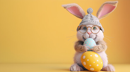Easter bunny with easter egg on a pastel background with copyspace, poster background for easter 2024 - obrazy, fototapety, plakaty