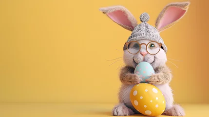 Fototapeten Easter bunny with easter egg on a pastel background with copyspace, poster background for easter 2024 © Shawn