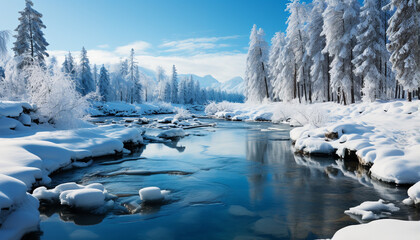 Winter landscape snow covered forest, frozen lake, tranquil beauty generated by AI