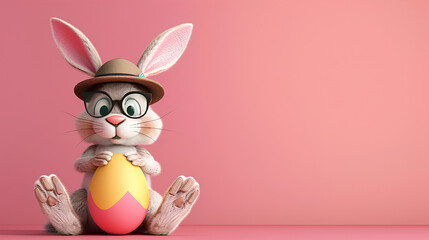 Easter bunny with easter egg on a pastel background with copyspace, poster background for easter 2024
