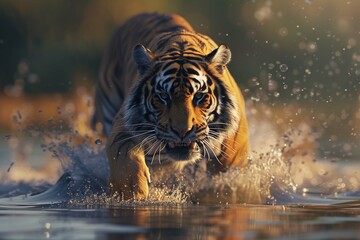 Beautiful tiger running in water. 3d render