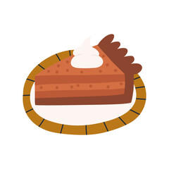 Cute pumpkin pie on plate, cartoon flat vector illustration isolated on white background. Hand drawn autumn cake. Concepts of bakery, sweet food and pastry.