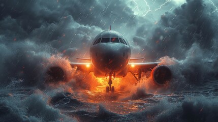 A passenger plane in a plane crash. An airliner plunging into a stormy ocean. - obrazy, fototapety, plakaty