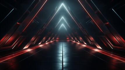 3d rendering of dark abstract sci-fi tunnel, Futuristic triangle spaceship corridor