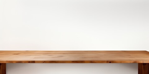 Empty brown table top, shelves in front of a white background.
