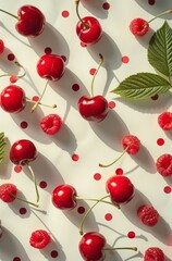 cherries and raspberries on white paper 