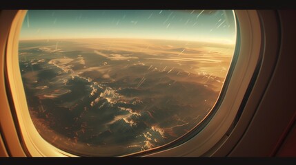 Fototapeta premium beautiful view through airplane window of sky clouds earth and land marks