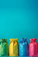 a row of colorful gift bags next to a turquoise background