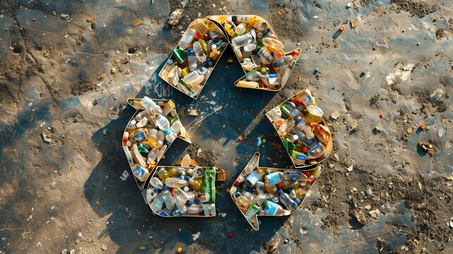recycle sign made of trash and plants close up