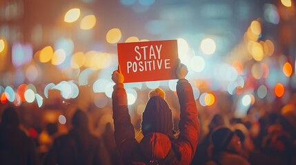 Motivation concept woman holding  stay positive  sign on abstract blurred background, success theme.