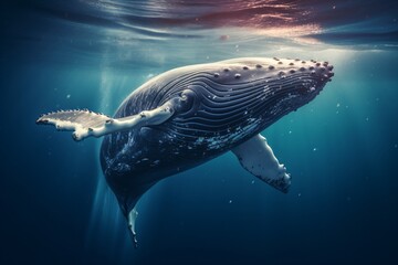 Closeup of a big blue whale fish jumping out of the water and splashing water - obrazy, fototapety, plakaty