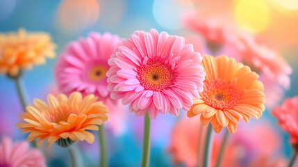 Flowers background, multi-colored gerbera flowersr, delicate and romantic floral background