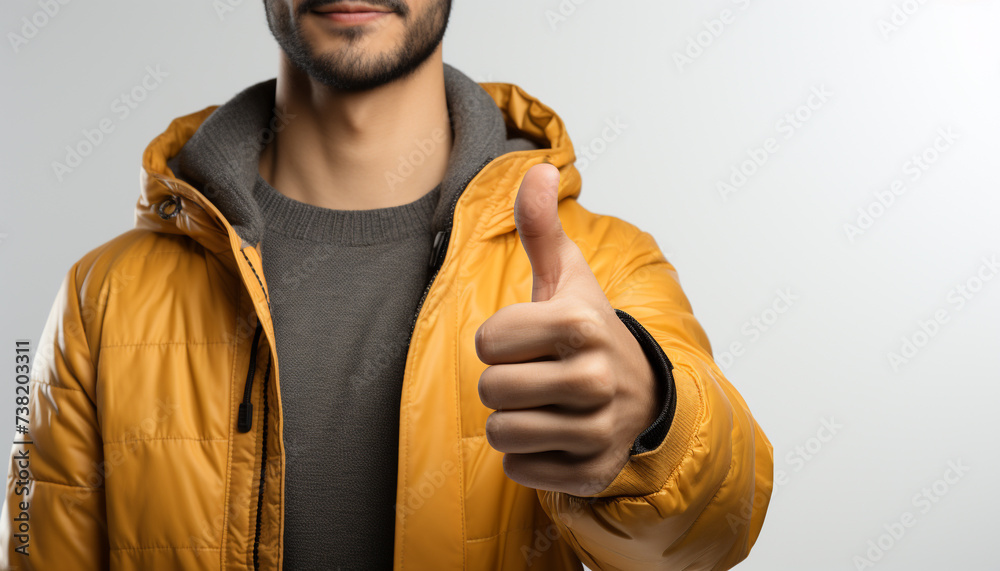 Sticker Smiling man in yellow jacket shows thumbs up, radiating confidence generated by AI