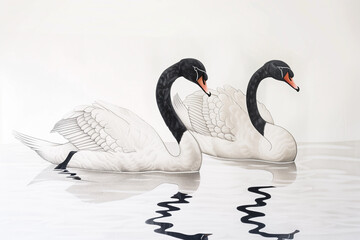 Two swans on the lake with a white background