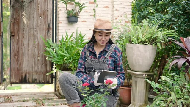 Asian woman flower garden caretaker Can't take photos of flowers with a tablet to send to customers to see While gardening, which is surrounded by colorful potted plants, the garden is peaceful