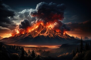 Fototapeta premium Volcano in natural grandeur, power and beauty erupting lava against the dark night sky