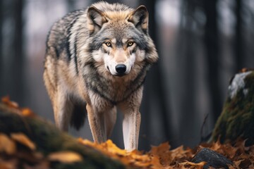 Naklejka na ściany i meble Closeup of a wolf in wildlife