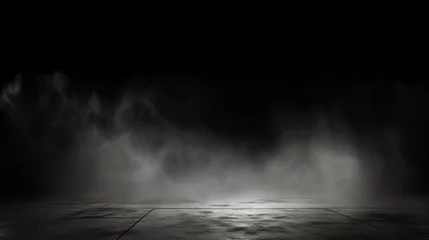 Foto op Plexiglas Abstract image of dark room concrete floor. Black room or stage background for product placement.Panoramic view of the abstract fog. White cloudiness, mist or smog moves on black background. © Elchin Abilov