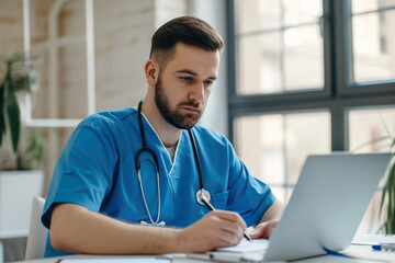 Portrait of a young male doctor or nurse in blue medical uniform sitting at the desk and working in office.