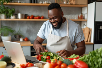 Portrait of fat overweight young African American man preparing fresh vegetable salad looking at recipes on a laptop standing in the kitchen at home - obrazy, fototapety, plakaty