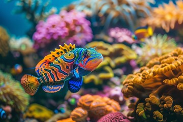 Fototapeta na wymiar Colorful mandarinfish swimming in a vibrant coral reef aquarium