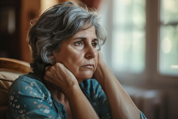 Depression, sad and senior woman at home with mourning and memory with mental health problem.