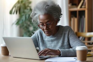 Naklejka premium Senior African American woman in glasses looking at laptop computer screen. Portrait of elderly woman wearing gray knitted pullover browsing internet while sitting at table at home