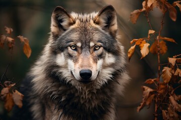 Naklejka na ściany i meble Closeup of a wolf in wildlife