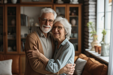 Close up portrait of aged senior couple holding hands and smiling standing at home. Happy affectionate mature pair hugging enjoying being together. Romantic and relationship in retirement concept. - Powered by Adobe