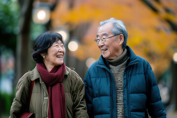 Smiling and happy senior Japanese couple enjoys a leisure walk in the city park. They radiating happiness and warmth.