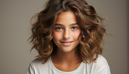 Smiling Caucasian woman with curly hair, looking at camera happily generated by AI
