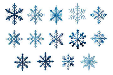 Collection of Snowflakes. A photograph showcasing a collection of unique snowflakes on a plain white background, each exhibiting intricate crystalline patterns. - obrazy, fototapety, plakaty