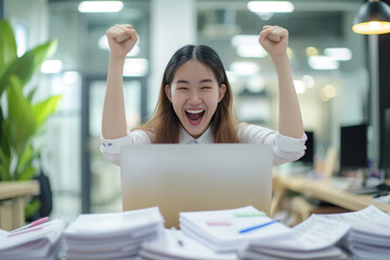 Happy excited young Asian business woman accountant standing at the desk working on laptop computer...