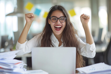 Happy excited young Indian business woman accountant standing at the desk working on laptop computer with a pile of documents on table in office and making yes gesture rejoicing in successful job.
