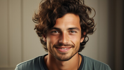 Fototapeta premium Smiling young man with brown hair exudes confidence and happiness generated by AI