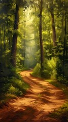dirt road forest trees grass imagery glittering sun rays furry narrow footpath young driveway fairy tale