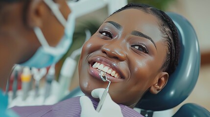 African American dentist examining teeth of her female patient during appointment at dental clinic. Focus is on young woman - obrazy, fototapety, plakaty