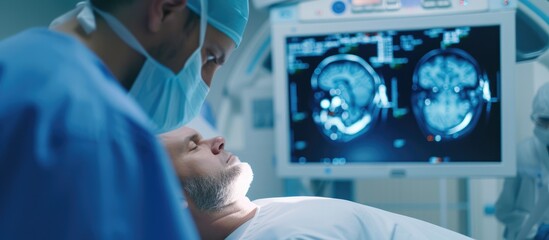 A doctor in the hospital uses an MRI scan to diagnose an injury in the brain, potentially indicating a stroke or cerebrovascular accident.