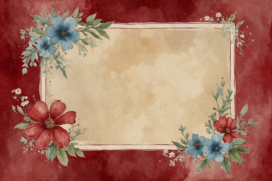 vintage red framework for photo or congratulation, rustic nones on aged paper card, floral design for invitation