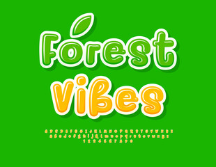 Vector natural template Forest Vibes with decorative Leaf. Handwritten bright Font. Yellow set of Alphabet Letters and Numbers set.