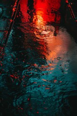 a red light reflected on a street puddle