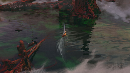 Digital 3d illustration top down view of a smal boat exploring a dangerous and mysterious alien environment