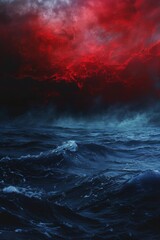 dark red sky and blue water