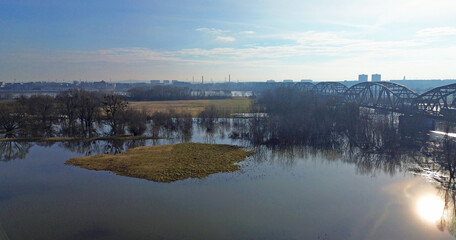 The landscape of the Vistula River after pouring into the flood embankments