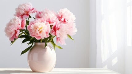 Beautiful bouquet of pink peonies in vase on table against white background. Space for text