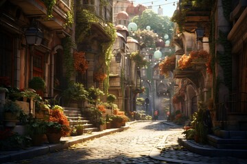 Fototapeta premium A beautiful street with trees, plants, and greenery