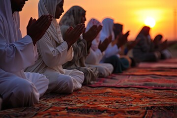 Fototapeta premium Muslim women worshipers pray after performing congregational prayers under the sunset sky