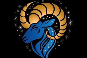 Capricorn zodiac sign shining in blue color isolated on black background in vector style