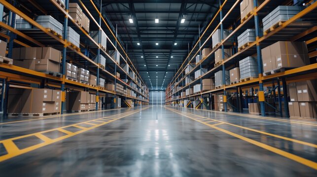 Light modern warehouse logistics transporation distribution packaging centre interior with no people perspective low angle shot